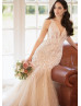 Deep V Neck Beaded Ivory Lace Tulle Deep V Back Wedding Dress